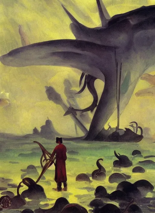 Image similar to photo of a giant snail man guardian of the holy lake, bizarre, fantasy landscape, art by andreas achenbach, august macke, alice bailly, alison geissler