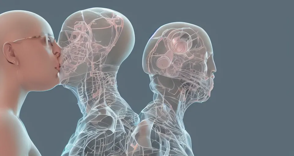 Image similar to xray photos of bionic couples kissing each other, octane render, concept art, realistic, high details, art by hsiao - ron cheng and james jean highly detailed, intricate detail, unreal engine, octane render