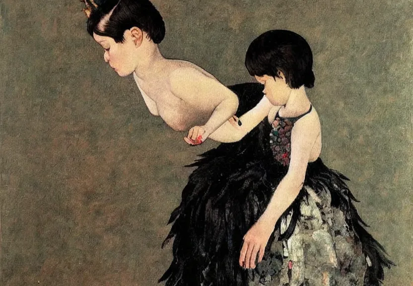 Image similar to beautiful little girl with a short black haircut wearing a dress made of black feathers, artwork in balthus art style, anatomically perfect