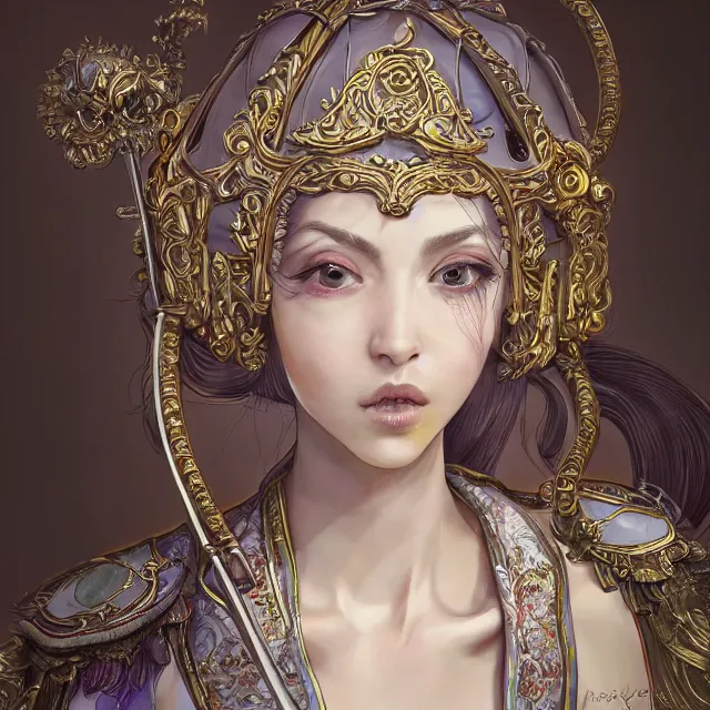 Image similar to studio portrait of neutral good colorful female cleric bard healer as absurdly beautiful, elegant, young sensual pretty woman, ultrafine hyperrealistic detailed face illustration by kim jung gi, irakli nadar, intricate linework, sharp focus, bright colors, matte, octopath traveler, final fantasy, unreal engine highly rendered, global illumination, radiant light, intricate environment