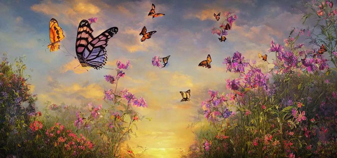 Prompt: butterflies in a garden sunset sky, oil on canvas, intricate, portrait, 8k highly professionally detailed, HDR, CGsociety, illustration painting by Mandy Jurgens and Małgorzata Kmiec and Dang My Linh and Lulu Chen and Alexis Franklin and Filip Hodas and Pascal Blanché and Bastien Lecouffe Deharme, detailed intricate ink illustration, heavenly atmosphere, detailed illustration, hd, 4k, digital art, overdetailed art, concept art, complementing colors, trending on artstation, Cgstudio, the most beautiful image ever created, dramatic, subtle details, illustration painting by alphonse mucha and frank frazetta daarken, vibrant colors, 8K, style by Wes Anderson, award winning artwork, high quality printing, fine art, gold elements, intricate, epic lighting, very very very very beautiful scenery, 8k resolution, digital painting, sharp focus, professional art, atmospheric environment, art by artgerm and greg rutkowski, by simon stålenhag, rendered by Beeple, by Makoto Shinkai, syd meade, 8k ultra hd, artstationHD, 3d render, hyper detailed, elegant, by craig mullins and marc simonetti, Ross Tran and WLOP, by Andrew Wyeth and Gerald Brom, John singer Sargent and James gurney