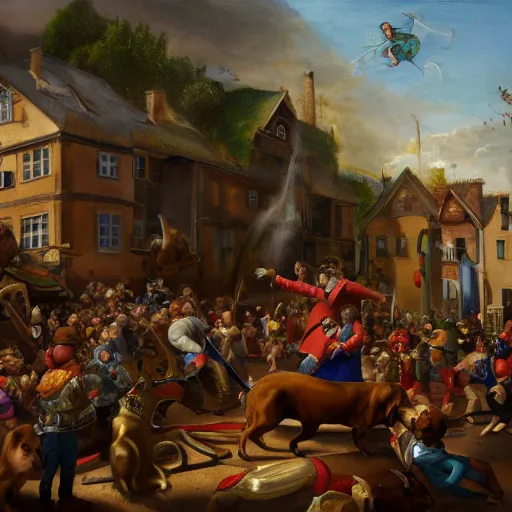 Image similar to a highly detailed oil painting of a giant dachshund smashing houses, renaissance, bystanders watching from the sides, 4 k, by ariduka 5 5, monokubo, artstation,