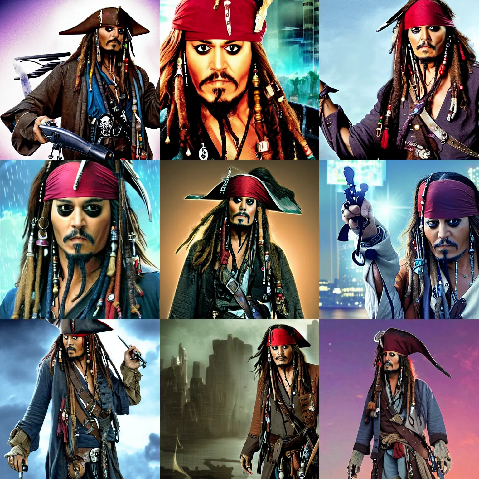 Prompt: jack sparrow as a cyberpunk futuristic pirate in night city