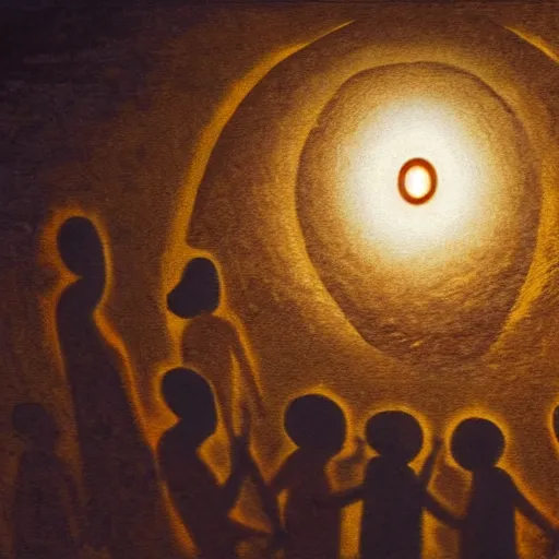 Prompt: a cave painting of a giant eye floating above a crowd of people