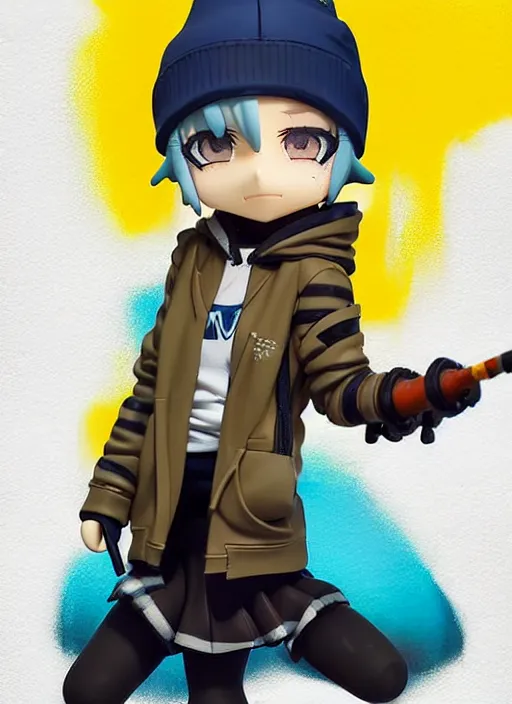 Image similar to nendoroid of a sewer punk lady student, beanie, tartan hoodie, blue eyes, frosty white hair by atey ghailan, by greg rutkowski, by greg tocchini, by james gilleard, by joe fenton, by kaethe butcher, gradient, yellow, black, brown and cyan color scheme, grunge aesthetic!!! white graffiti tag wall background