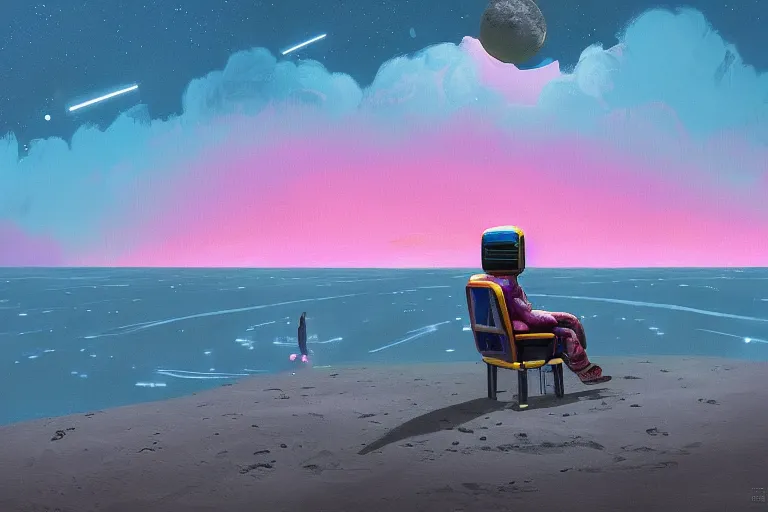 Image similar to astronaut sitting at the beach in a chair of an psychedelic alien planet watching the sunset, surreal photography, dark night, stars, moon light, impressionist painting, clouds, digital painting, artstation, simon stalenhag