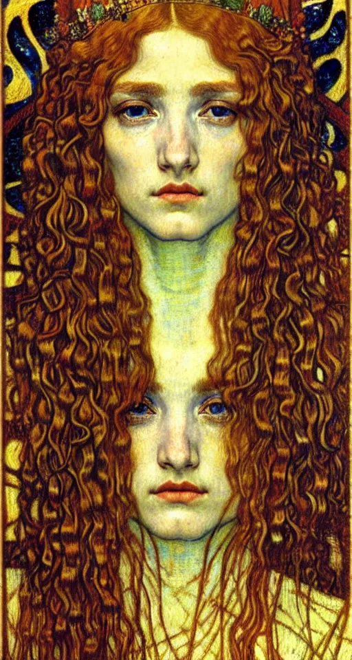 Image similar to detailed realistic beautiful young medieval queen face portrait by jean delville, gustav klimt and vincent van gogh, art nouveau, symbolist, visionary, gothic, pre - raphaelite, muted earthy colors, desaturated