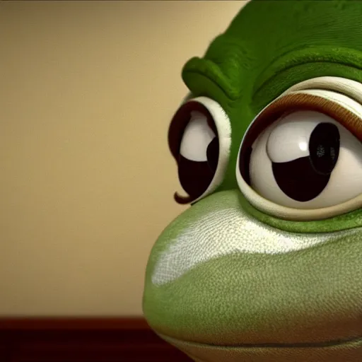 Image similar to Realistic pepe the frog alone and sad in his bedroom, cinematic perspective, studio shot, full hd