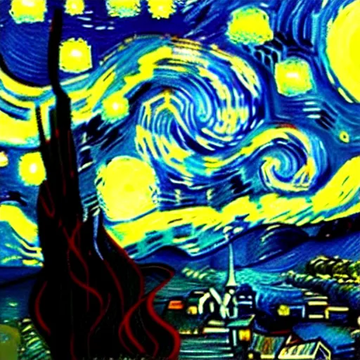 Prompt: starry night by Van Gogh, cyberpunk glitch art
