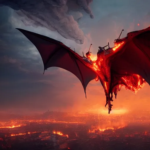 Prompt: dragon flying over a city, fire, lava, smoke, ethereal, matte painting, highly detailed, by eddie mendoza 8 k resolution