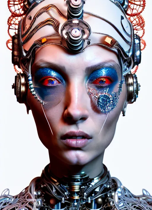 Image similar to portrait of an absurdly beautiful, graceful, sophisticated, fashionable cyberpunk mechanoid, hyperdetailed illustration by irakli nadar and alexandre ferra, intricate linework, white porcelain skin, faberge, coral headdress, unreal engine 5 highly rendered, global illumination, radiant light, detailed and intricate environment