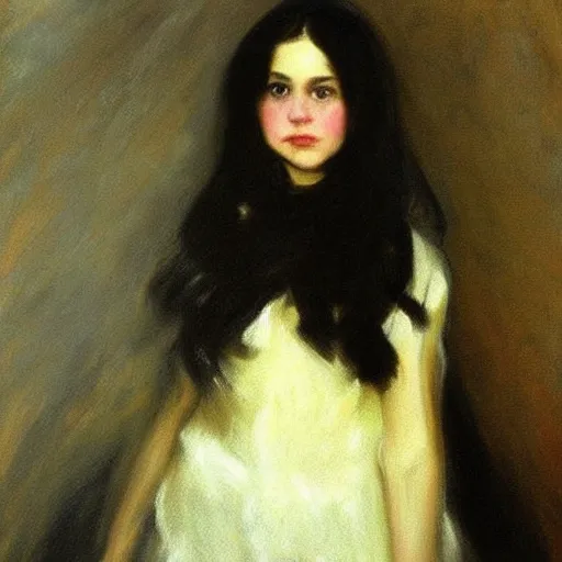 Prompt: “ dark haired girl holding infinity, very detailed, oil painting, portrait, dark background, by john singer sargent ”