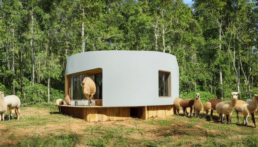 Prompt: A wide image of an eco-community of innovative contemporary 3D printed prefab sea ranch style cabins with rounded corners and angles<photobomb>alpaca</photobomb>, beveled edges, made of cement and concrete, organic architecture, in a lush green forest Designed by Gucci and Wes Anderson, golden hour