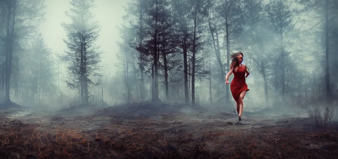 Image similar to young woman running towards the camera with a forest fire behind her, smoke on the ground, fog, Bleak. big stones, Dark mood. Mysterious. Doom. Realistic painting. photobashing, matte painting, highly detailed,