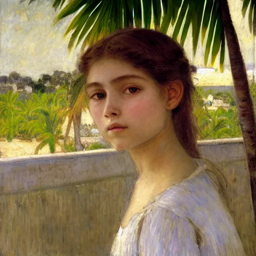 Image similar to a ultradetailed beautiful painting of a girl in the amazonas palace balustrade designed by jules bastien - lepage, hans belmer, frank weston and gustave baumann, beach, trending on artstation, mediterranean, palm trees, detailed face, sharp focus, soft light, 8 k 4 k