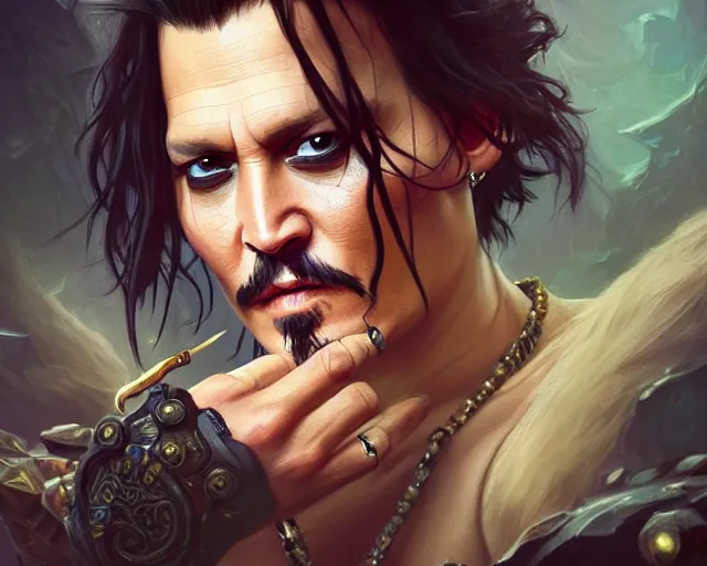 Image similar to photography of johnny depp, deep focus, d & d, fantasy, intricate, elegant, highly detailed, digital painting, artstation, concept art, matte, sharp focus, illustration, hearthstone, art by artgerm and greg rutkowski and alphonse mucha