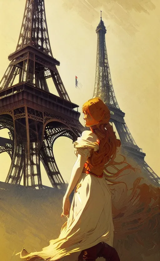 Image similar to a personification of the country france, eiffel tower, highly detailed, digital painting, artstation, concept art, sharp focus, illustration, art by greg rutkowski and alphonse mucha