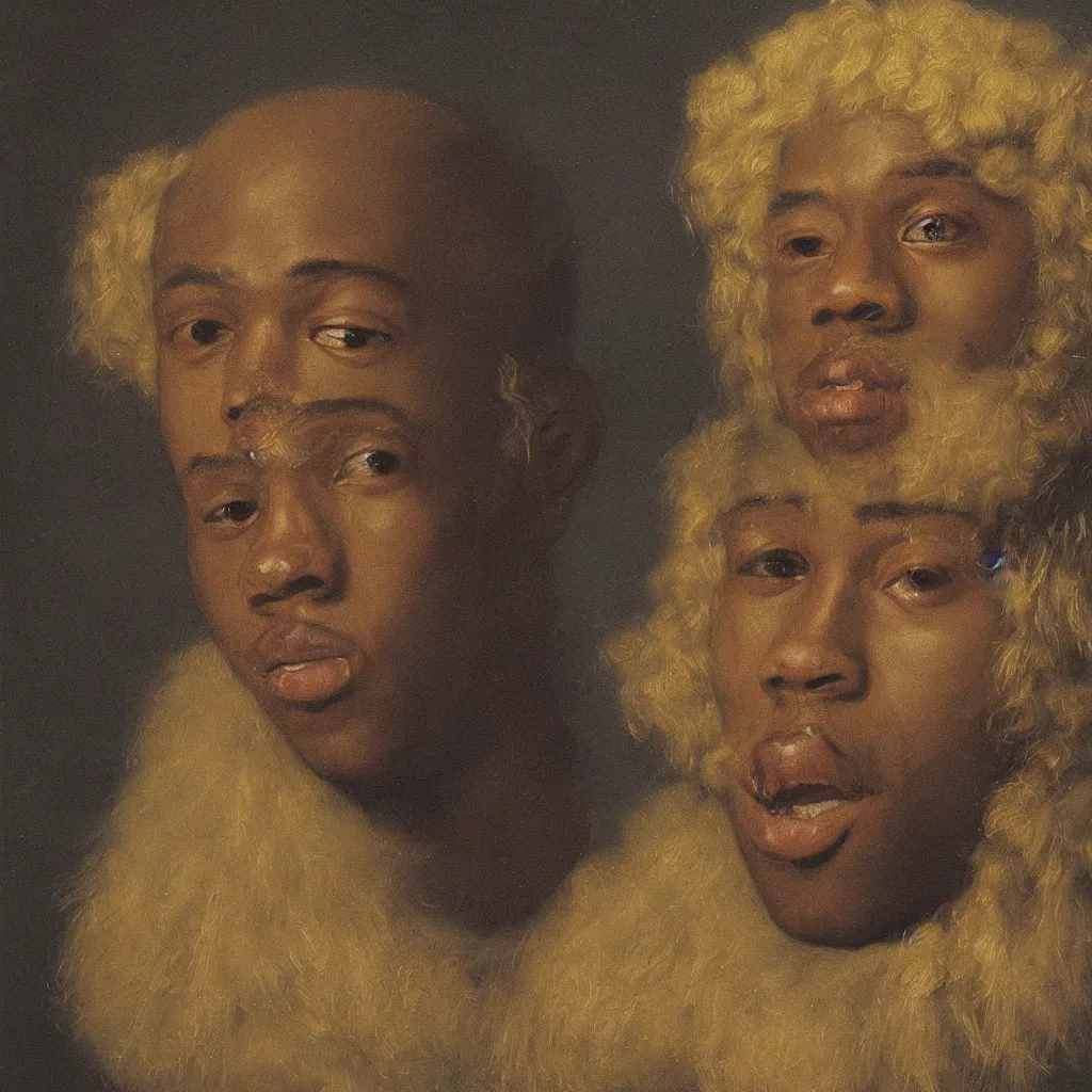 Prompt: a portrait painting of Tyler The Creator in a blond wig by Rembrandt van Rijn