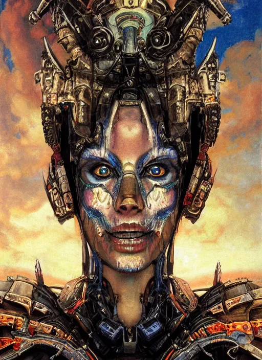 Prompt: symmetry! middle closeup chamber portrait of a biblical diabolical girl!! stylish cyborg armor, pirate spaceship, heavy eyes to the side, closeup, bright glowing eyes, in clouds, rain, sunset, by gerald brom, by mikhail vrubel, by peter elson, muted colors, extreme detail, mirrors, trending on artstation, 8 k