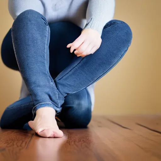 Image similar to a woman sitting with her feet facing the camera