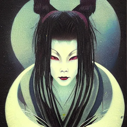 Image similar to portrait of takaonna yokai, misty night, beautiful! coherent! by brom! deep colors, strong lines, high contrast