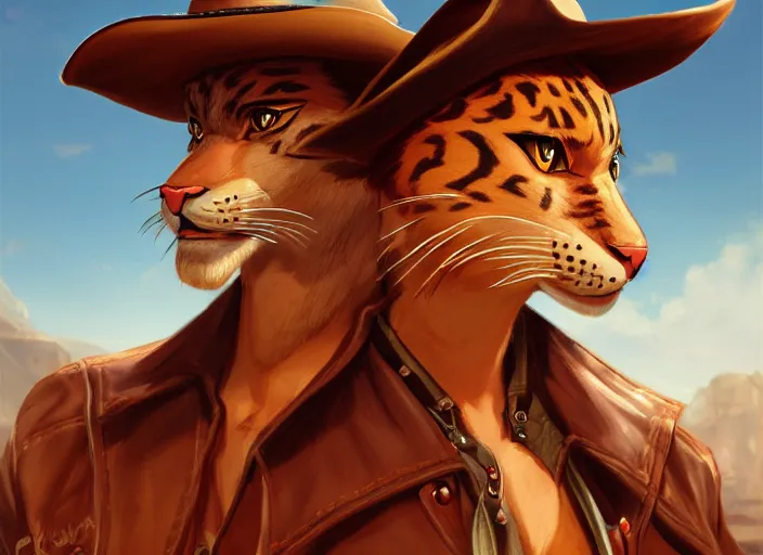 Image similar to character portrait feature of the anthro male anthropomorphic jungle cat fursona wearing cowboy outfit wild west desperado, character design stylized by charlie bowater, ross tran, artgerm, makoto shinkai, detailed, soft lighting, rendered in octane