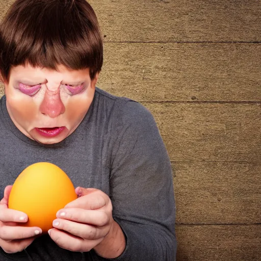 Image similar to the egg troll eating the last egg while looking sad, realistic photo,