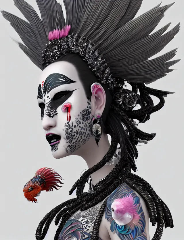 Image similar to 3 d goddess close - up profile portrait punk with mohawk with ram skull. beautiful intricately detailed japanese crow kitsune mask and clasical japanese kimono. betta fish, jellyfish phoenix, bio luminescent, plasma, ice, water, wind, creature, artwork by tooth wu and wlop and beeple and greg rutkowski