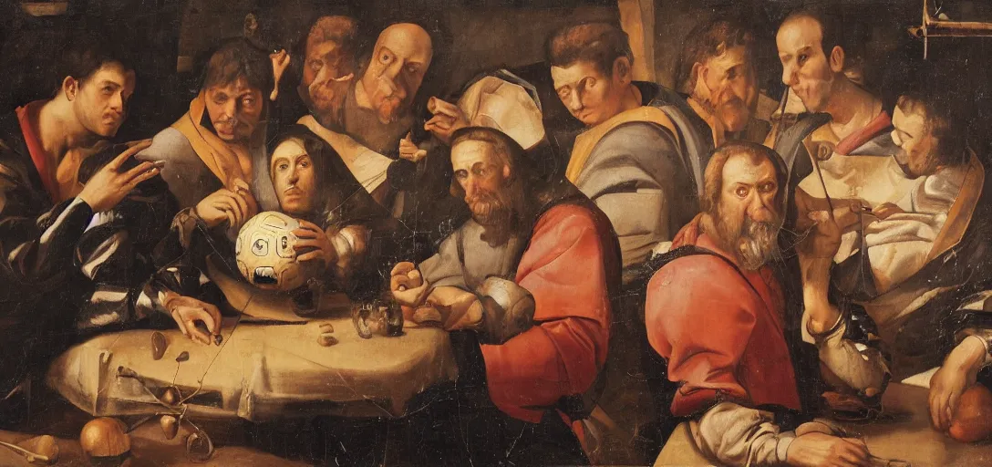 Prompt: Renaissance oil portrait of men inventing a soccer ball, one man is eating the ball, high-quality realistic oil painting with detailed strokes, robed Renaissance scholar,