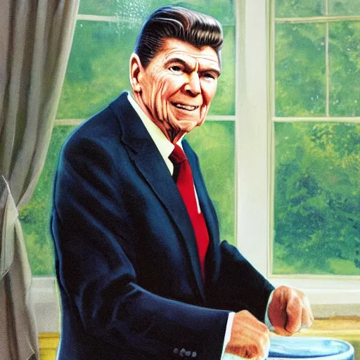 Prompt: wide angle 4 k portrait of ronald reagan showering