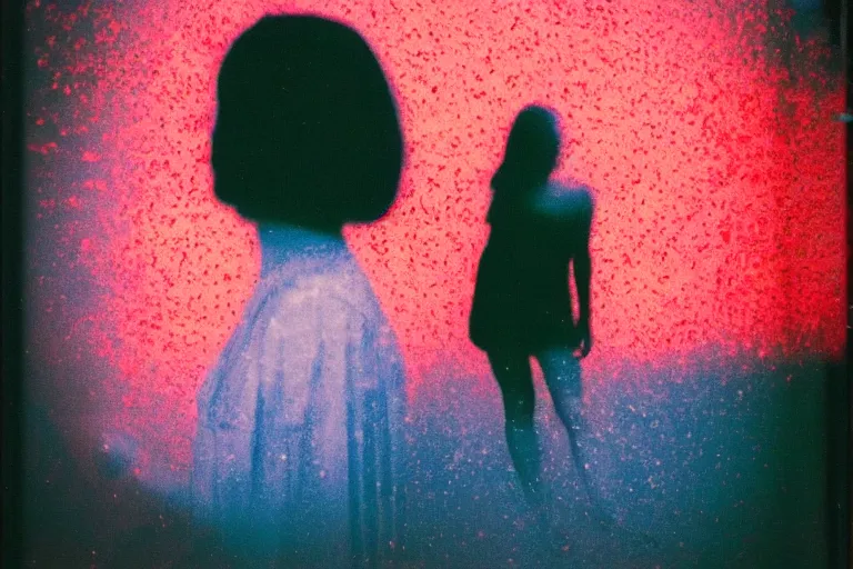 Image similar to blured shadow of dancing young woman on red light, focused background blue night sky with stars, polaroid photo