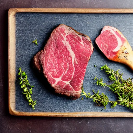 Image similar to promotional photo steak on plate left of shot butchers block and slate background, thyme herbs on table