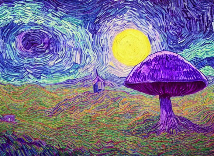 Image similar to detailed painting of a mysterious house inside a giant purple mushroom, mystical dark purple alien landscape at night, dark purple sky, blue bioluminescent life, in the style of studio ghibli and vincent van gogh and claude monet