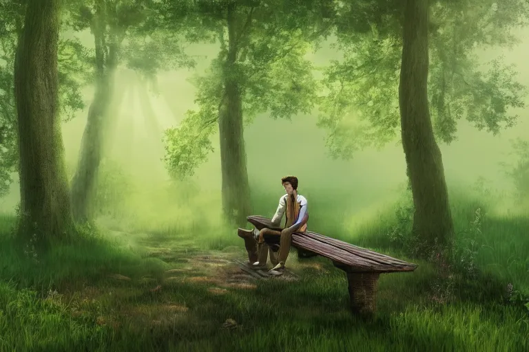 Image similar to a prince sits on a bench in a forest in front of a pond in the center, green color scheme, morning, mist, sun rays, artstation,