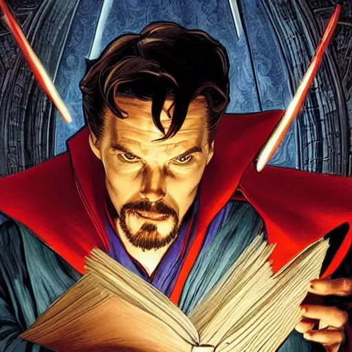 Prompt: a hyper realistic comic book art of a comic accurate doctor strange reading a book in a quiet library, eating an apple. 4 k, extremely detailed, detailed drawing, trending on artstation, hd, fantasy, realistic lighting, elegant, realistic lighting, by alphonse mucha, greg rutkowski, sharp focus, backlit, elegant.
