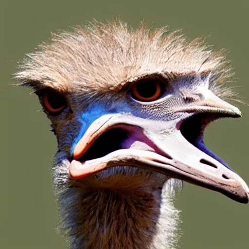 Image similar to ostrich with the head of a velociraptor, highly detailed photo