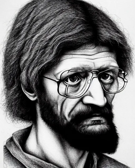 Prompt: ted kaczynski, hyper realism, fine details, deviantart artstation, extremely detailed, black and white, very sharp, in the style of albrecht durer, etching,