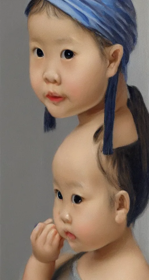 Image similar to A portrait of a lovely Asian baby girl imitating Girl with a Pearl Earring, realistic detailed oil painting, dark background, 4k,