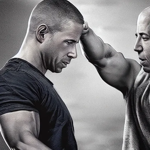 Prompt: paul walker and vin diesel doing a fist bump in heaven, photorealistic, highly detailed