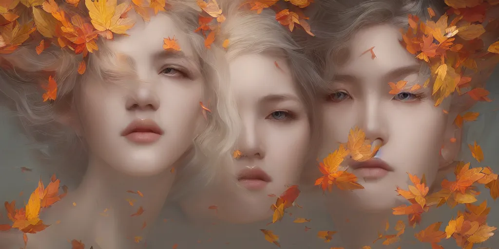 Image similar to breathtaking detailed concept art painting art deco pattern of blonde goddesses faces amalgamation autumn leaves, by hsiao - ron cheng and volegov, bizarre compositions, exquisite detail, extremely moody lighting, 8 k