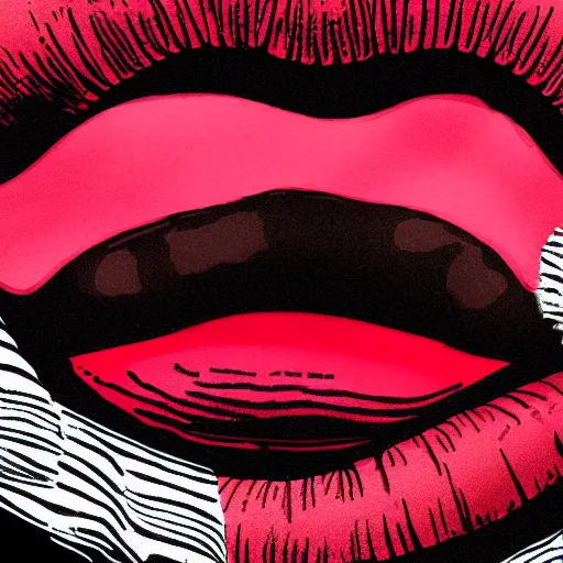 Image similar to illustration of juicy red lips with colorful vivid neon stripes, on the black background,