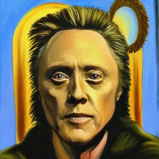 Prompt: Christopher Walken painted like a Saint with halo behind head