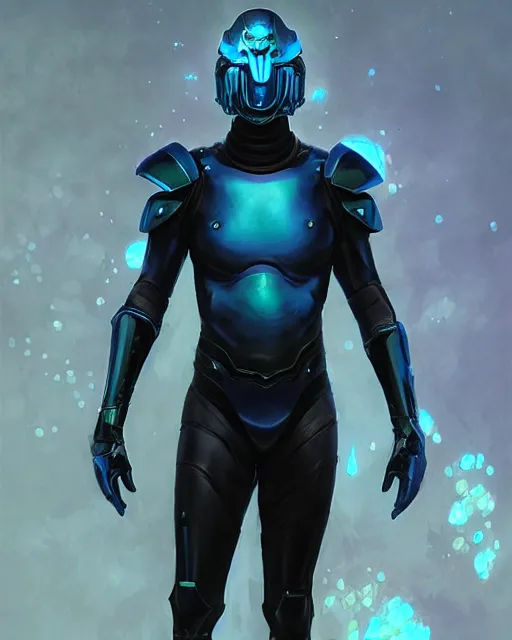Image similar to character concept of iridescent sinewy smooth muscular male sleek glossy bluish black pearlescent scifi armor with smooth black featureless helmet, by greg rutkowski, mark brookes, jim burns, tom bagshaw, magali villeneuve, eve ventrue, trending on artstation