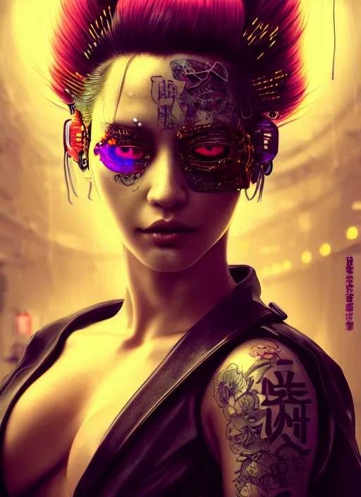 Image similar to portrait of a seductive cyberpunk geisha yakuza raver gutter punk cyborg bioweapon, golden ratio, details, sci - fi, dark fantasy, cyberpunk, intricate, decadent, ornate, highly detailed, digital painting, octane render, 8 k, artstation, concept art, smooth, sharp focus, illustration, art by artgerm, loish, wlop