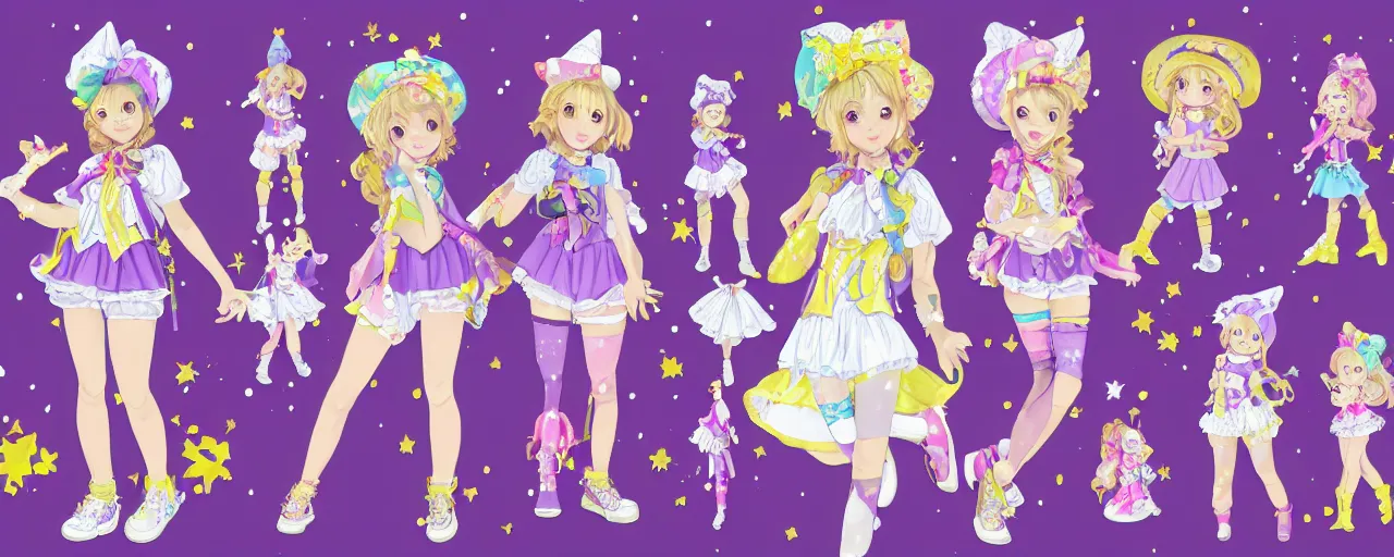 Prompt: A character sheet of full body cute magical girls with short blond hair wearing an oversized purple Beret, Purple overall shorts, Short Puffy pants made of silk, pointy jester shoes, a big billowy scarf, Golden Ribbon, and white leggings Covered in stars with Decora rainbow accessories all over. Short Hair. Flowing fabric. Ruffles and lace. Art by william-adolphe bouguereau and Paul Delaroche and Alexandre Cabanel and Lawrence Alma-Tadema and WLOP and Artgerm. baroque painting. Intricate, elegant, Highly Detailed. Smooth, photoreal. photograph. realistic painting. realistic. Hyper Realistic. Sunlit. Moonlight. Surrounded by clouds. 4K. UHD. Denoise.
