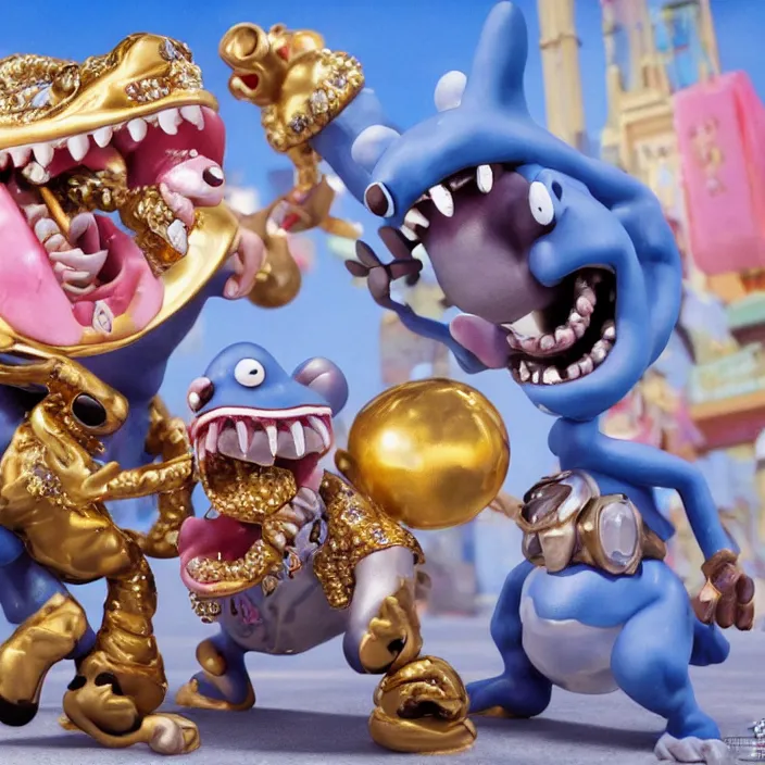 Image similar to jeff koons hip hop style street sharks wearing diamond grillz and a ton of bussdown iced gold bling in wallace & gromit claymation, ultra realistic, concept art, intricate details, serious, highly detailed, photorealistic, octane render, 8 k, unreal engine, art by todd mcfarlane and artgerm and greg rutkowski and alphonse mucha