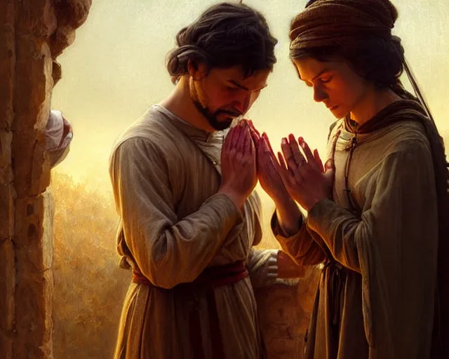 Prompt: poor hungry couple praying to a cross, emotional sad painting, very poor, hungry, love, medieval peasants, fantasy, cruel, dramatic lighting, intricate, wild, highly detailed, digital painting, artstation, concept art, smooth, sharp focus, illustration, art by artgerm and greg rutkowski and alphonse mucha