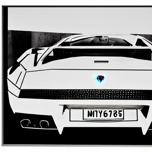 Image similar to a portrait of a Lamborghini, made by Andy Warhol, two tone, very high contrast, only black and white, simplistic, extremely high contrast, two tone, notan art, by Andy Warhol, minimalistic,