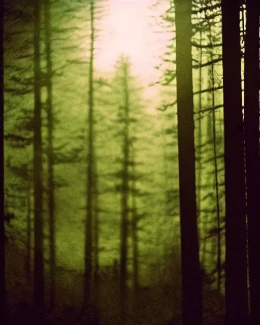 Image similar to werewolf in forest at night, shot from drone, grainy, polaroid, zoomed in