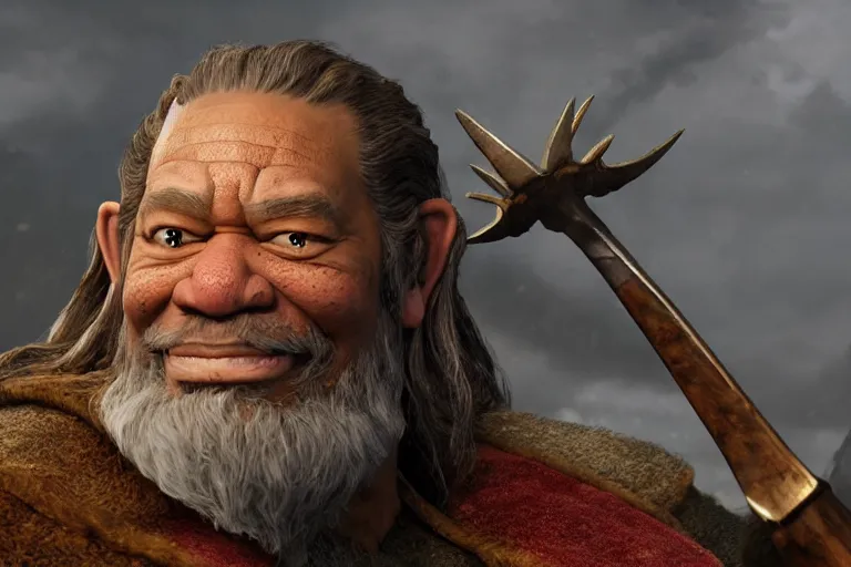 Image similar to morgan freeman as gimli in lord of the rings, still from a pixar movie, high quality 3 d render, movie, pixar, renderman, 4 k, artstation